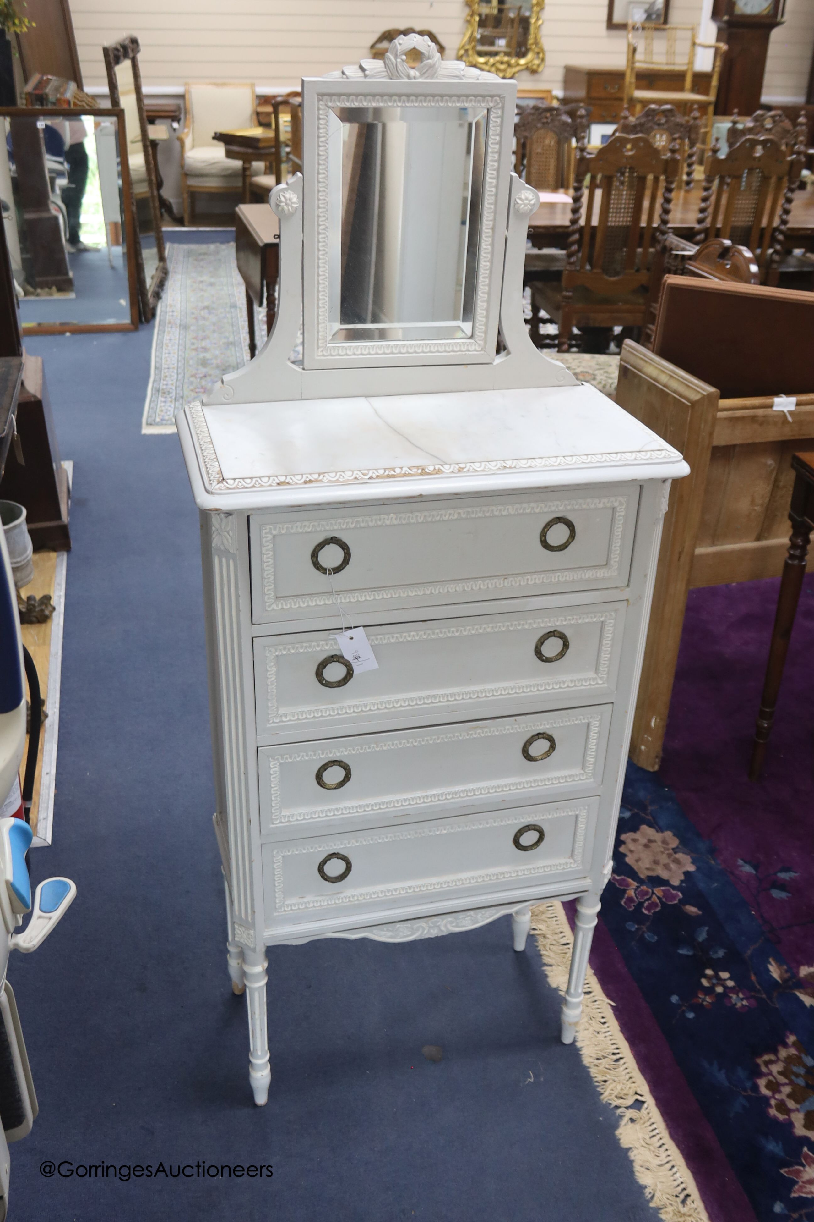 An early 20th century painted pine narrow marble topped dressing chest, width 60cm, depth 30cm, height 150cm